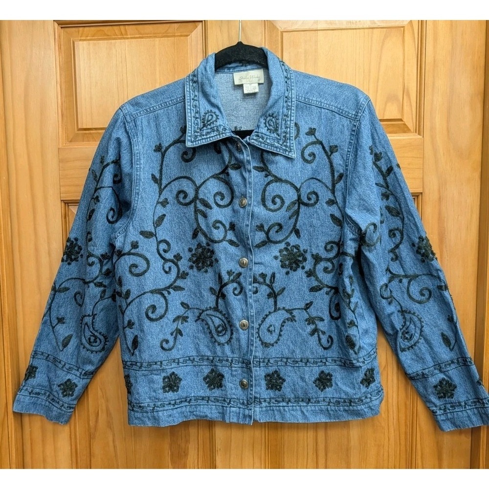 Studio Works Women's Medium Blue Denim Embroidered Shirt Top Button Front